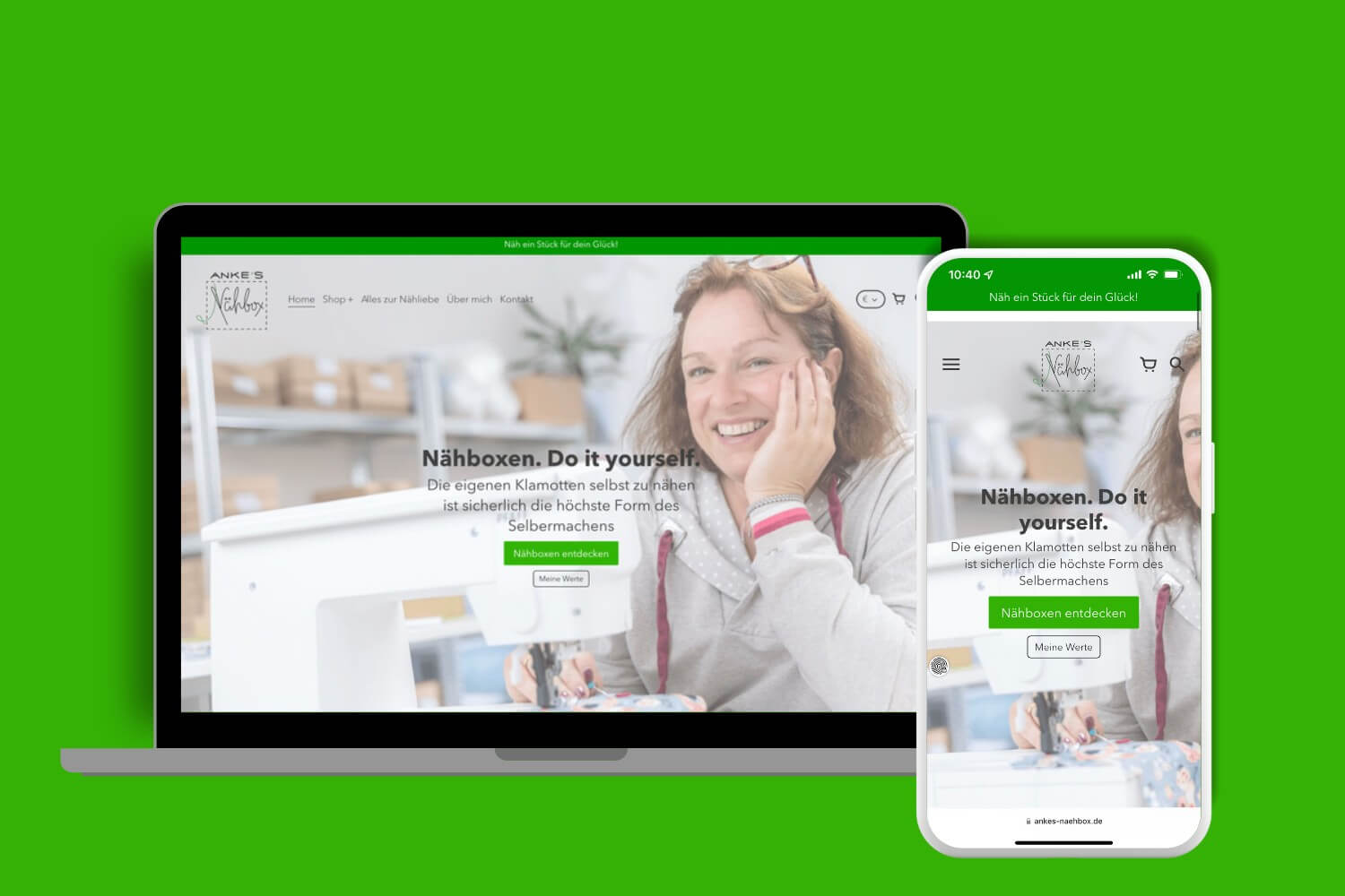 Onlineshop Shopify für Nähboxen - Vorher Nachher Vergleich Webdesign Relaunch. Mockup der Startseite für Desktop und Smartphone der neuen Website von Chris Reinthaller - Fit your Business